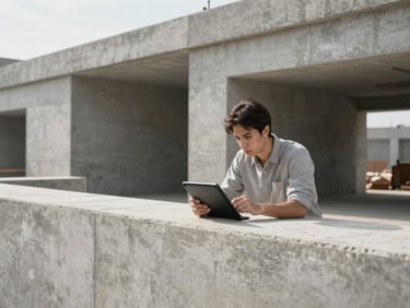 Engenheiro analisando tablet em canteiro de obras limpo, luz natural do amanhecer, tons de concreto cru, high contrast, sharp focus.