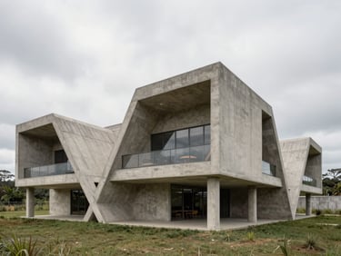 Renders realistas de uma pousada impressa em 3D integrada à natureza, luz suave, arquitetura paramétrica, soft overcast daylight.