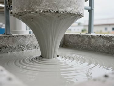 Close-up de concreto fluido sendo misturado em uma micro usina de argamassa, mostrando a textura homogênea, em um ambiente industrial limpo.