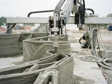 Industrial architectural photography of a robotic 3D concrete printer nozzle, depositing precise layers of concrete on a clean construction site, soft overcast daylight, raw concrete tones, 35mm lens