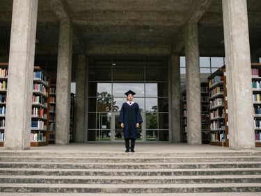 A wide cinematic environmental portrait of a graduate standing on the steps of a brutalist concrete campus library, framed by massive pillars, captured in soft overcast daylight with generous negative space.