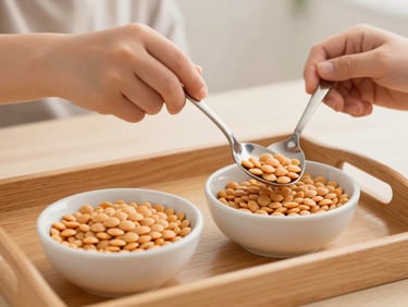 Close-up of a child's hands spooning dried lentils from one small bowl to another on a wooden tray, natural daylight, Montessori practical life activity, no face visible, warm neutral background