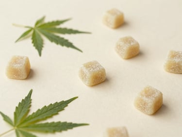 Minimalist flat-lay of several square, light-colored gummies on a cream surface, a few green hemp leaves scattered, soft diffused morning daylight.
