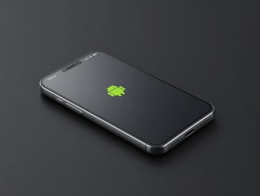 Sleek 3D tech render of a dark titanium Android smartphone showing a highly detailed, clean minimalist utility interface with neon green accents, dark moody studio lighting, sharp macro focus, octane render