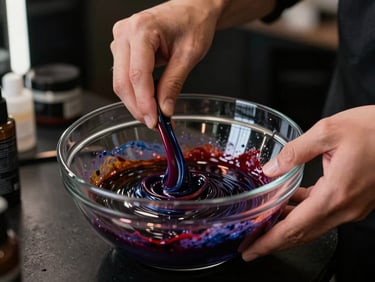 Dramatic close-up of a stylist's hands mixing vibrant hair color in a dark glass bowl, ring-light reflection on the glossy mixture, moody ambient salon background, high contrast.