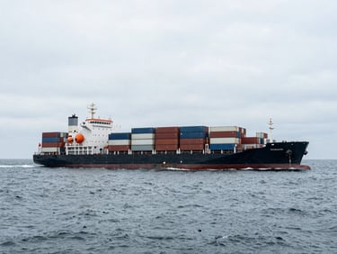 Container ship moving through open ocean, wide environmental shot showing scale, cool industrial photography, overcast daylight, desaturated steel tones, sharp focus, 35mm