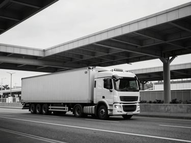 Long-haul truck on a modern highway, wide environmental shot, cool industrial photography, overcast daylight, desaturated steel tones, sharp focus, 35mm