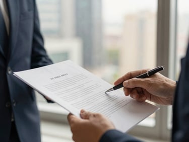 Elegant close-up of hands reviewing a sophisticated legal document with architectural lines of a modern city blurred in the background, soft natural window light, deep navy and warm champagne tones, shallow depth of field, 35mm.