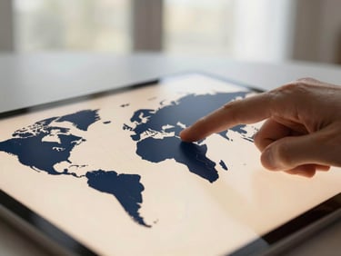 Close-up of a hand pointing to a world map on a sleek tablet, overlaid with subtle data lines, soft natural window light, deep navy and warm champagne tones, shallow depth of field, 35mm.