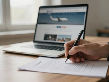 A human hand signing a document on a desk, a laptop with airline website open in background, soft natural window light, calming muted tones, shallow depth of field, 35mm lens.