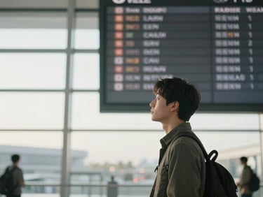 A person looking calmly at a flight departure board in a modern airport, quiet atmosphere, soft natural window light, calming muted tones, shallow depth of field, 35mm lens.