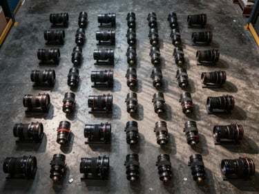 Overhead grid view of MS channels and angles sorted by profile size on a warehouse floor under work-lights, flanges casting parallel shadows, organised staging area
