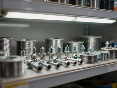 Close-up of coiled binding wire and fastener hardware arranged on a warehouse shelf under fluorescent work lights, organized rows, no people