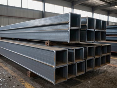 Wide shot of structural I-beams and H-beams stacked in organised rows inside a warehouse, natural daylight entering from high clerestory windows, steel flanges visible end-on