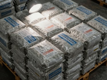 Close-up overhead shot of Portland cement bags stacked in tight rows on a warehouse pallet, work-light overhead, mill labeling visible, no people