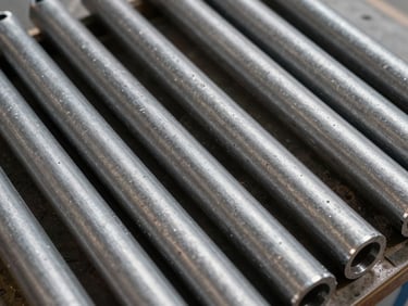 Close-up overhead of TMT bar cross-sections arranged in a tight grid on a warehouse floor, corrugated ribs in sharp relief under work-light, mill-scale grey surface