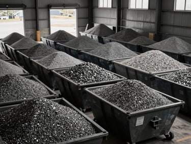 Wide shot of aggregate gravel and crushed stone bins organized in a row inside a warehouse, natural daylight entering from loading bay doors, high contrast, no workers