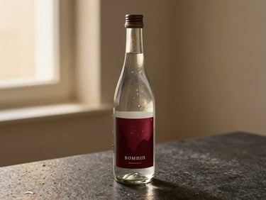 Elegant glass bottle of premium mineral water on a dark stone surface, soft directional studio lighting, bordeaux label design, water droplets, 35mm