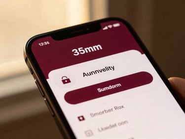 Editorial close-up of a premium smartphone displaying a clean banking interface, warm golden-hour light reflecting on glass, rich bordeaux and cream tones, 35mm