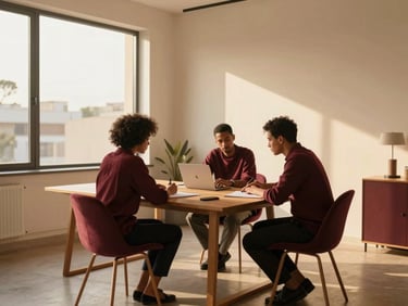 Warm editorial photography of a modern, minimalist creative studio in Luanda, soft golden-hour window light casting long shadows, professional team collaborating around a wooden table, rich bordeaux accents, shallow depth of field, 35mm.