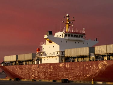 Modern cargo ship docked at the Port of Luanda during golden hour, deep red sky, clean industrial composition, editorial feel, 35mm