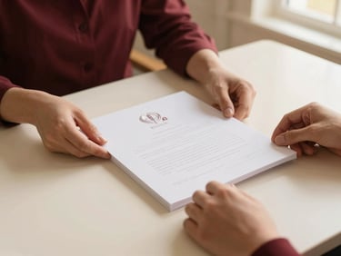 Hands arranging elegant corporate stationery on a cream-colored table, soft natural light, editorial composition, 35mm.