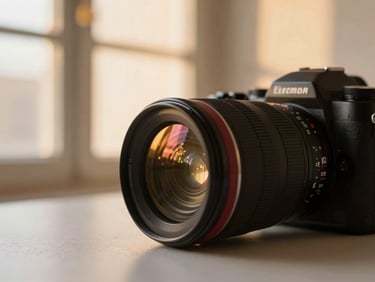 A high-end camera lens reflecting warm golden-hour light in a creative studio, soft focus, professional setup, 35mm.