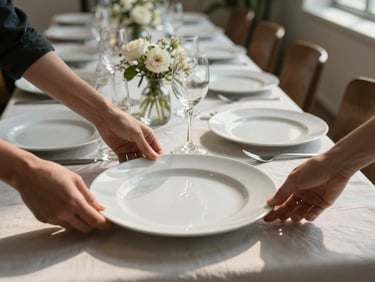 Overhead close-up of a long banquet table mid-setup, hands placing white ceramic plates along a linen runner, warm natural sidelight casting soft shadows across glassware and centrepiece arrangements, room visible in soft depth behind