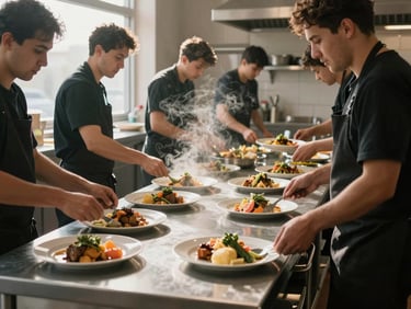 Environmental wide shot of a kitchen crew in motion during active event prep — multiple hands plating dishes simultaneously on a stainless steel counter, steam visible, trays being lifted, strong natural light from a side window cutting across the workspace