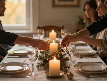 Close framing of a festive private table fully set — glasses, layered plates, candles lit — shot from a low angle with guests' hands visible just entering the frame, golden window light from the left, warm and inviting atmosphere