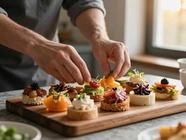 Close-up of hands arranging a colourful platter of appetisers on a wooden board, golden-hour window light from the right, vibrant garnishes being placed with precision, kitchen counter visible in soft background