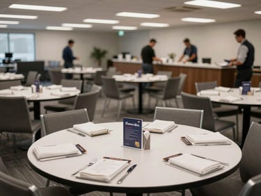 Wide environmental shot of a corporate dining room being transformed, folded napkins and branded menu cards aligned on round tables, crew members working in the background under bright overhead industrial light, empty chairs being positioned