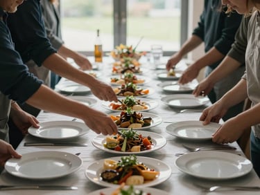 Close overhead framing of hands arranging plates and serving dishes across a long banquet table, natural side-light from a tall window, food being positioned mid-arrangement, scale of the table visible in the background