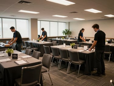 Wide environmental shot of a corporate event room being set up, chairs arranged in rows, crew members positioning branded table elements, warm artificial lighting mixing with natural window light from the far wall