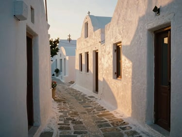 A quiet, narrow stone alleyway in a Greek coastal village at golden hour, warm sunlight reflecting off white walls, no people, 35mm