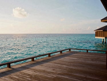 An empty luxury wooden deck of an overwater bungalow, calm turquoise lagoon water stretching to the horizon under a soft morning sky, 35mm