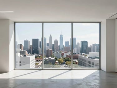 Minimalist condominium living room overlooking a city skyline through floor-to-ceiling glass, bright natural daylight