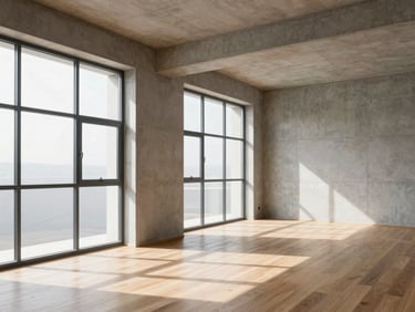 Sunlit minimalist apartment interior with concrete walls, oak floors, and large steel-framed windows