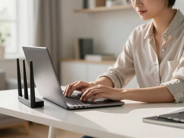 A focused remote worker calmly typing on a laptop in a bright, modern home office, natural morning light, a sleek Fiberking router on the desk, shallow depth of field, 35mm.