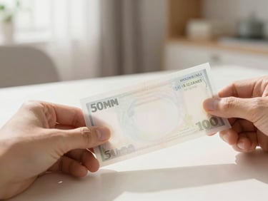 A hand placing a transparent, clean bill on a table, symbolizing honest pricing, warm light.