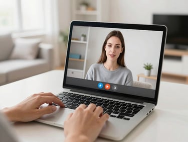 A person's hands smoothly operating a laptop with a video call on screen, representing seamless upload/download, bright home setting.