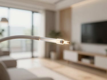 Close-up of fiber optic cables glowing subtly, clean and modern aesthetic, shallow depth of field.