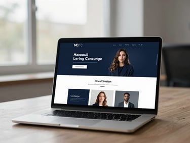 Portrait-oriented view of a digital campaign landing page displayed on a laptop screen, office daylight from a window behind, dark navy brand palette visible, minimal UI design, no faces