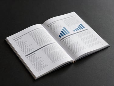 Portrait-oriented shot of a corporate annual report spread laid flat on a dark surface, clean strobe lighting, structured grid layout with charts and callouts, no people visible