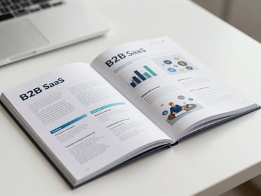 Close-up of a printed B2B SaaS product brochure spread open on a white desk, clean studio strobe lighting, crisp typography and data visualization visible on the pages, shallow depth of field