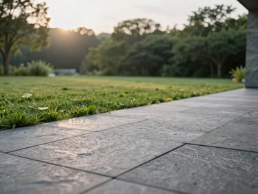 Low-angle architectural shot of a modern slate-grey stone terrace meeting a lush lawn, soft morning sun, shallow depth of field, 35mm