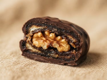 Macro shot of a sliced chocolate-covered Medjool date revealing a roasted walnut inside, soft side-lit window light, warm sand background