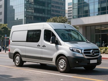 Wide shot of a clean executive silver van parked in a modern Bogotá business district, bright morning daylight, sharp focus