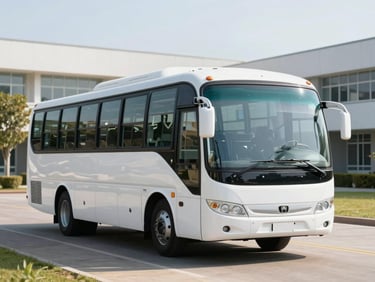 A modern white school bus parked near a green campus in the Sabana, soft morning light, clean corporate style