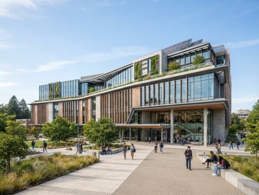 Wide-angle architectural shot of a modern sustainable university campus building, bright natural daylight, clean professional cool tones